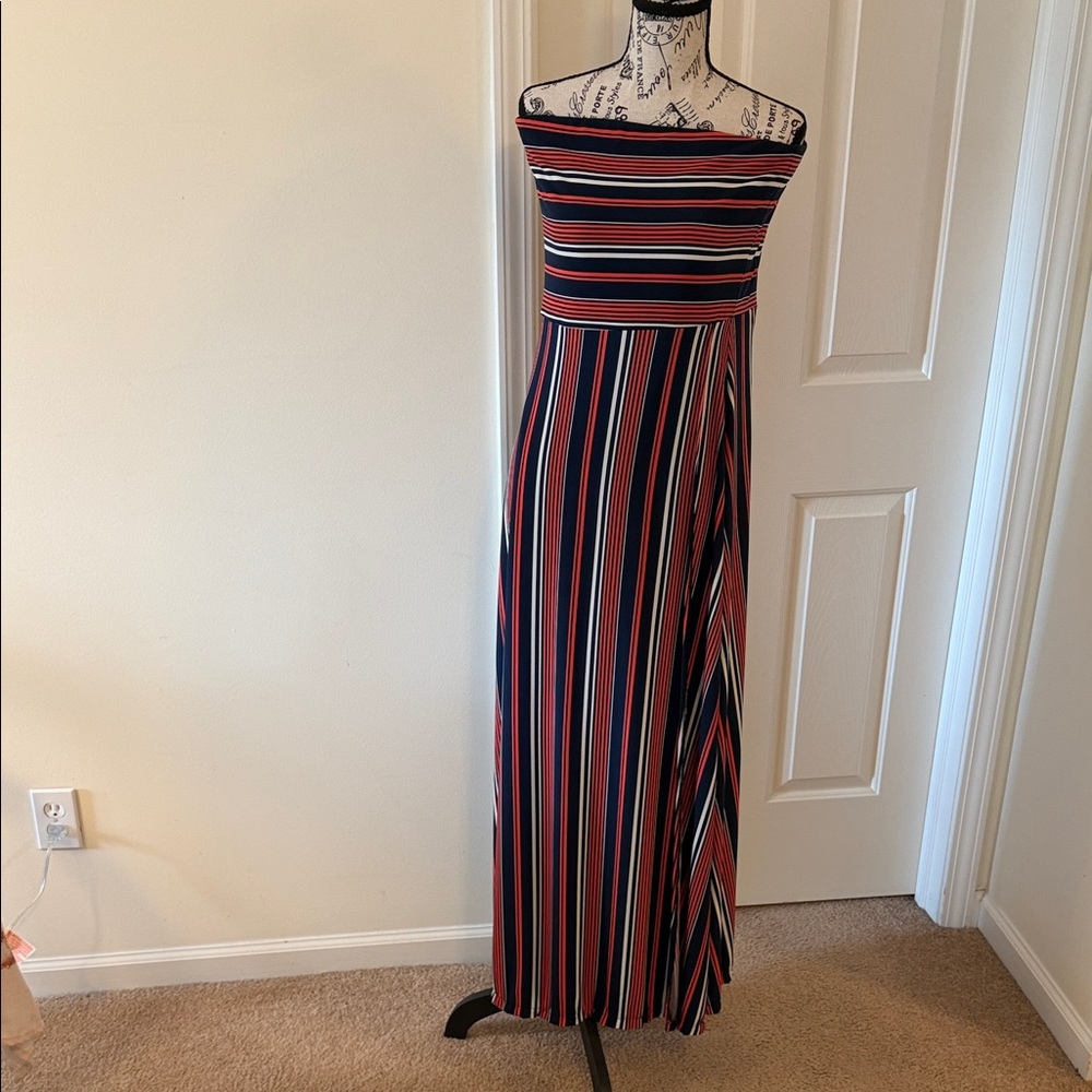 Banana Republic Strapless Maxi Dress Navy Red‎ White Striped Faux Wrap Tall L